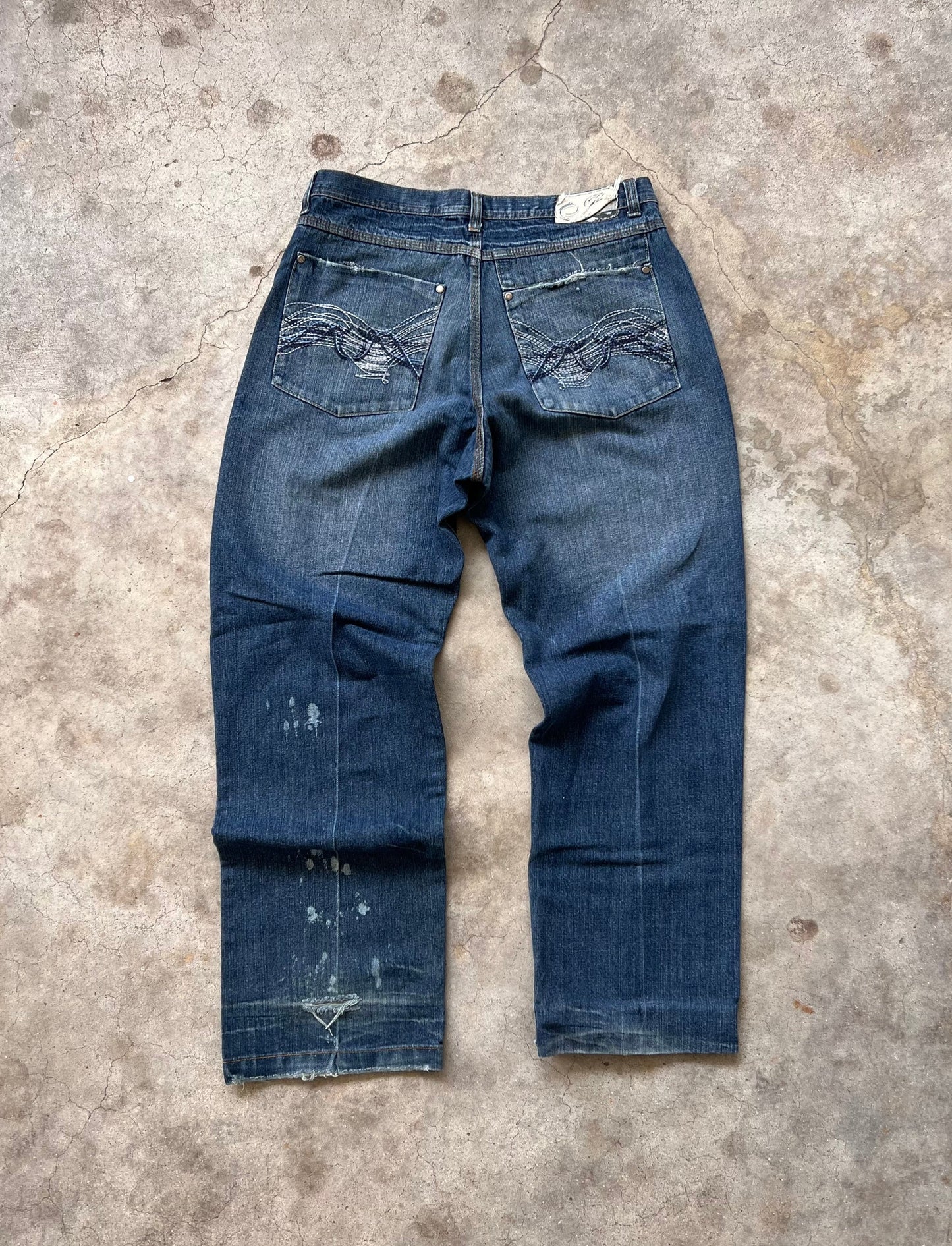 Vintage Indigo Embroidered Baggy Jeans - (35)